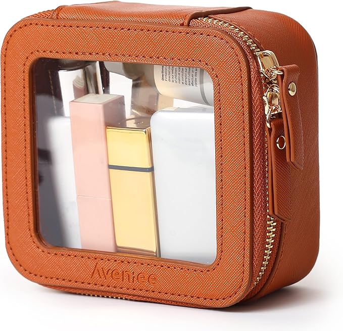 Aveniee Mini Clear Makeup Bag, Small Cosmetic Bags Travel Toiletry Pouch Organizer, TSA Approved Make up Case with Zipper, Car Bag for Essentials,Brown