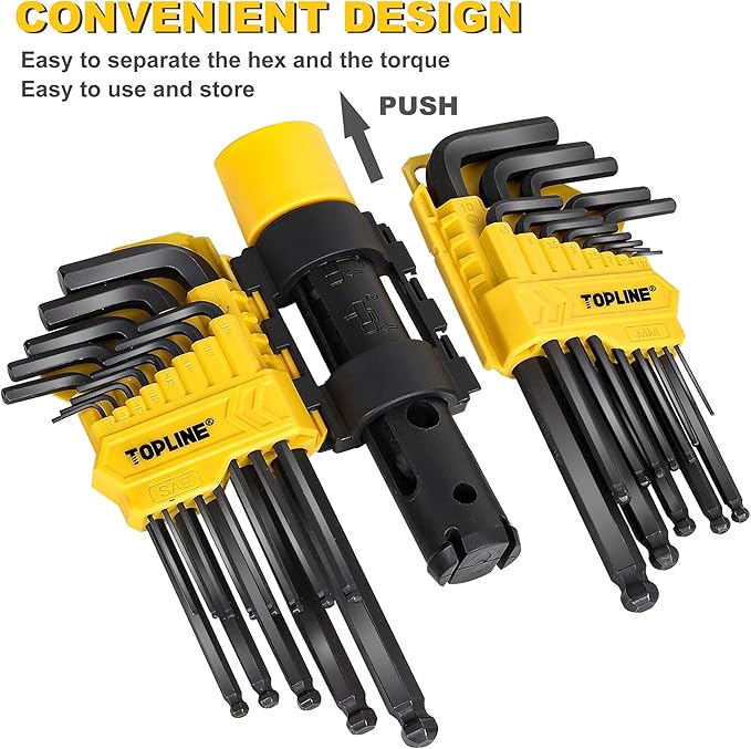 Topline 27-Piece Long Arm Allen Wrench Set with Ball End, SAE, Metric Hex Key Set Included, Hex L-Key Set, Portable Allen Key Set With Storage Rack for Basic Home Repair and General Applications