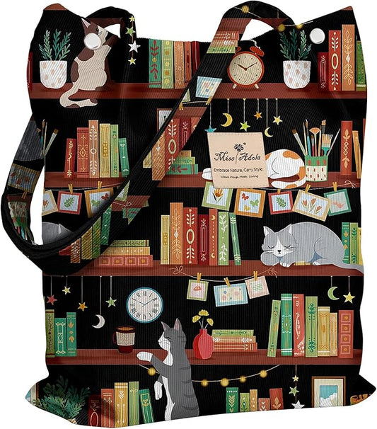 Miss Adola Corduroy Tote Bag for Women - Reusable Totes with Pocket & Buckle Cute Aesthetic Shoulder Bag for Work Travel
