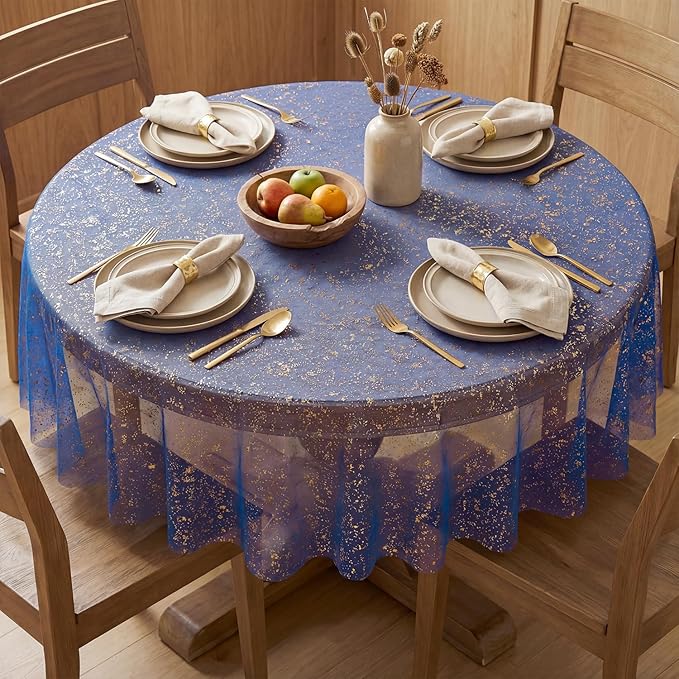Horaldaily Royal Blue Gold Gauze Tablecloth 60x60 Inch Round, Golden Sequin Glitter Metallic Foil, Sheer Tulle Cheesecloth for Wedding Baby Shower Ceremony Birthday