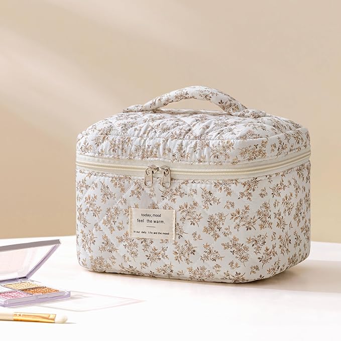 HBselect Quilted Makeup Bag, 3PCS Cotton Large Travel Makeup Bag, Cute Floral Coquette Make up Bag Cosmetic Bag Toiletry Bag for Women Girls