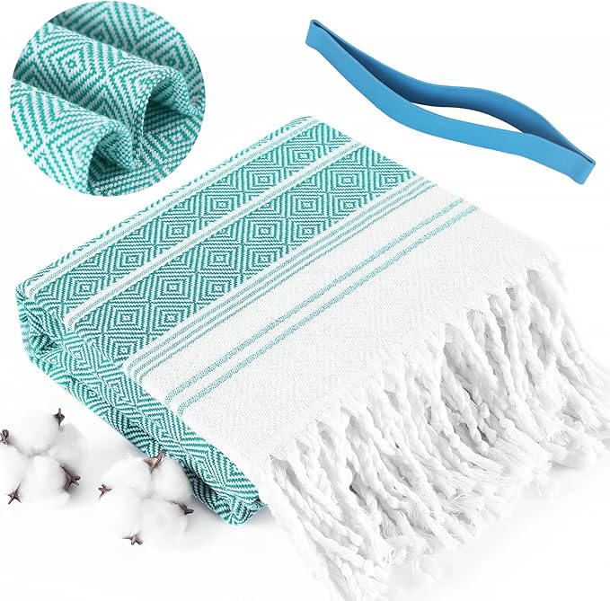 Genovega Oversized Cotton Turkish Beach Bath Towel Set 74"x38" Extra Large Sand Free Quick Dry Swim Camping Pool Clearance Towels Travel Blanket Adult Essentials Stripe Greens
