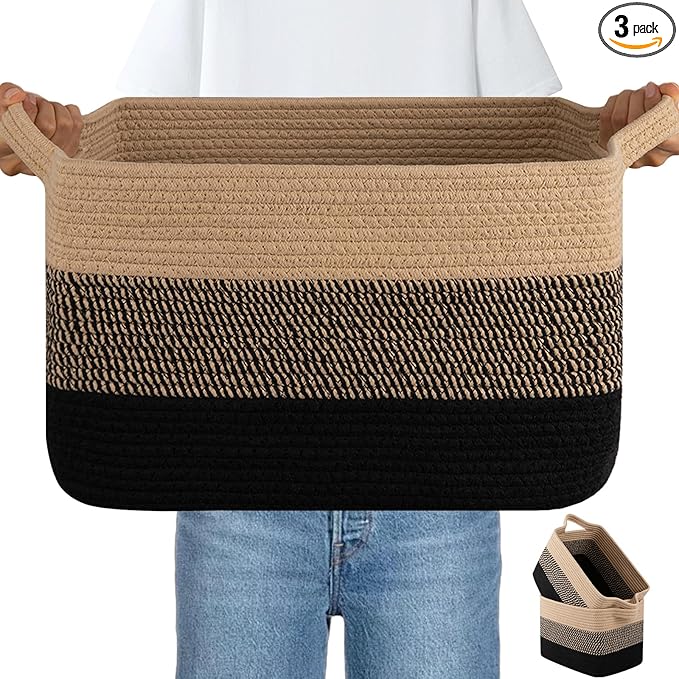 OIAHOMY Woven Storage Basket, Cotton Rope Baskets for Toys,Towel, Clothes, Used to Bathroom,Living Room,Nursery,Bedroom, 16"x12"x10"- Pack of 3, Black & Brown