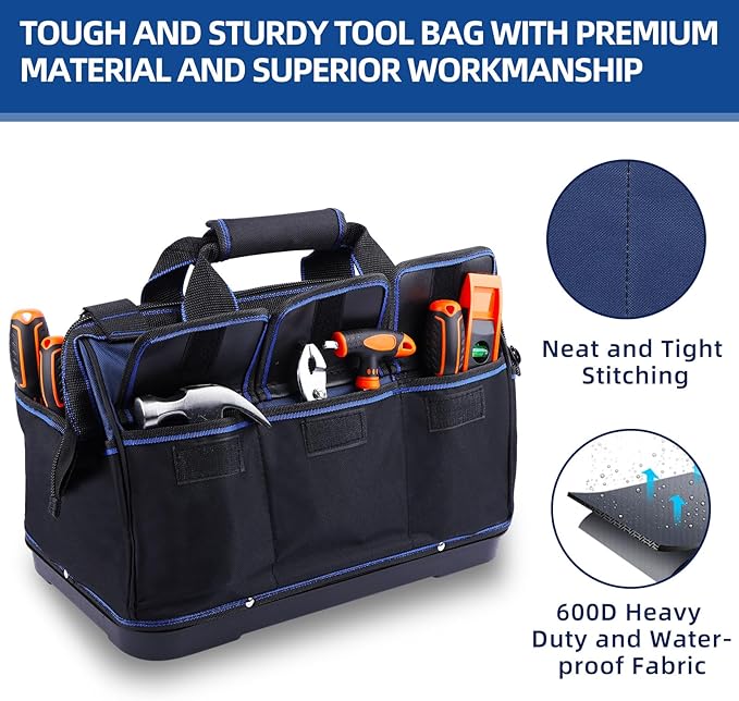 Tool Bag 16'', Multi-pocket Tool Organizer with Waterproof Plastic Base, Heavy Duty Tote with Shoulder Strap for Tool Storage, Black & Blue