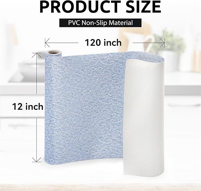 FIFTY FEET 12X120 Inch Shelf Liner with Scissor & Tape Measure for Kitchen Cabinets, PVC Drawer Liner for Dresser Non-Slip Bathroom, Non-Adhesive Cabinet Liner Washable (Pale Blue)