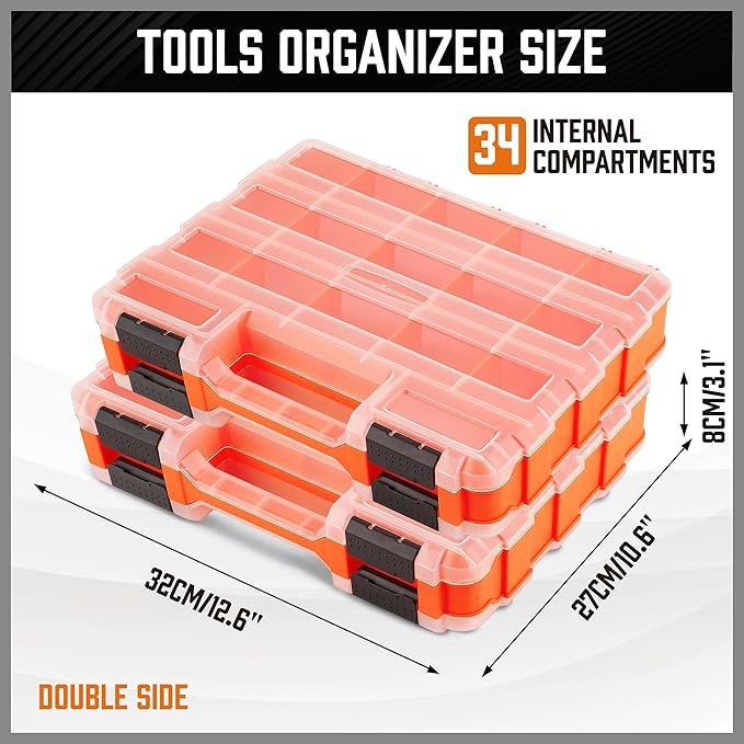 HORUSDY 2-Pack Double Side Parts Organizers, 34-Compartments Tool Box with Removable Dividers, Small Hardware Storage Case for Screws, Bolts, Nuts, Nails, DIY, Crafts, Fishing Gear & Small Parts