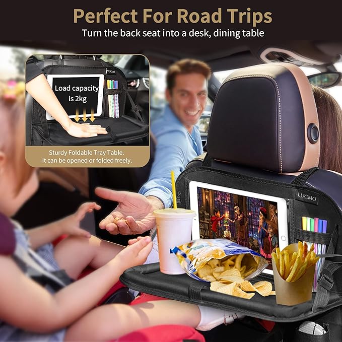 LUCMO Car Backseat Organizer with Touch Screen Tablet Holder, 9 Storage Pockets, Protectors Kick Mats, Travel Accessories (Black, 2 Pack with Food Tray)