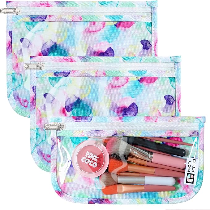 TSA Approved Toiletry Bag, Set of 3 Clear Travel Toiletry Bag Quart Size Zipper Travel Pouch, Waterproof Makeup Cosmetic Bag for Women Men Kids Toiletries Carry on, Watercolor