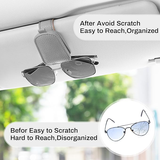 SINGARO Sunglasses Holder for Car, Leather Magnetic Buckle Sun Visor Sunglass Clip, Ticket Card Storage Glasses Clip, Car Interior Accessories for Men and Women（Gray）