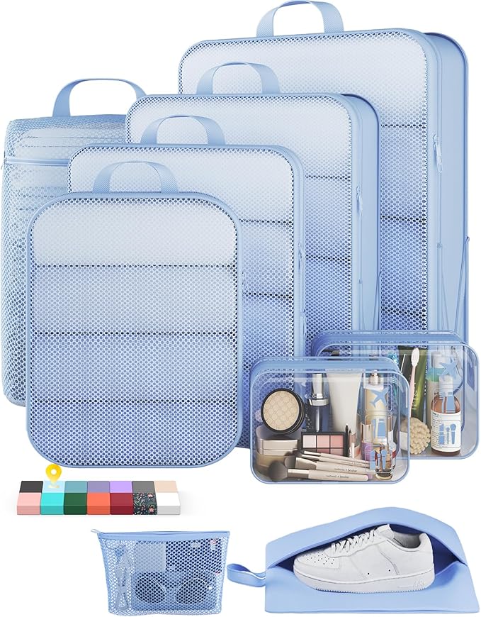 Veken 9/11 Set Compression Packing Cubes for Travel Essentials, Compressible Expandable Large Luggage Suitcase Organizer Bags for Clothing, Durable Space Saver Storage Bags (Light Blue)