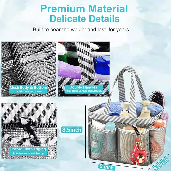 Haundry Mesh Shower Caddy Bag, Portable College Dorm Bathroom Tote, Quick Dry Holder for Camp Gym, 8 Basket Pockets with Key Hook and 2 Oxford Handles, Gray