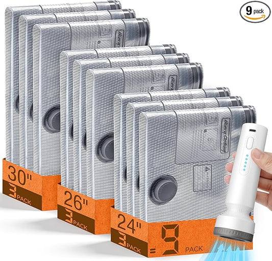 9 Pack Vacuum Storage Bags with Pump, Space Saver Travel Bags with Rechargeable Wireless Pump, Reusable Tear-Proof Compression Packing Cubes for Heavy Clothes/Bedding/Luggage/Moving 9 Combo Size
