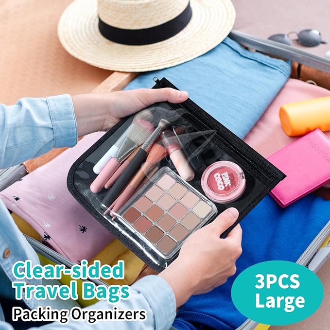 TSA Approved Toiletry Bag, Set of 3 Clear Travel Toiletry Bag Quart Size Zipper Travel Pouch, Waterproof Makeup Cosmetic Bag for Women Men Kids Toiletries Carry on, Black Large