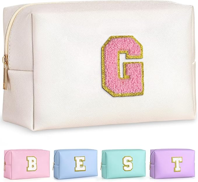 TOPEAST Travel Makeup Bag, Personalized Initial Toiletry Bag w Zipper, Cute Makeup Pouch, PU Leather Waterproof Cosmetic Bag, Birthday Gift for Daughter, Preppy Things for Girls (Pearly White G)