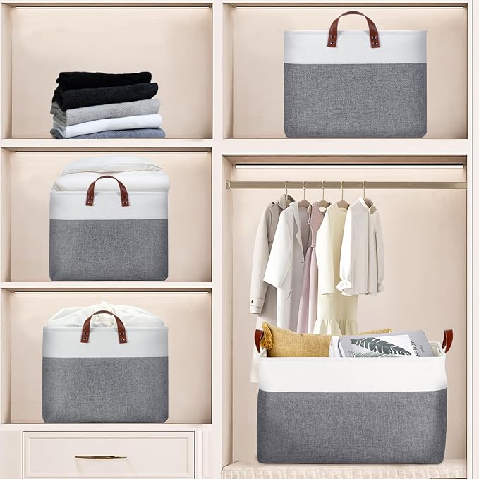 DULLEMELO Extra Large Storage Basket for Organizing, 70L Oversized Storage Bin Foldable Canvas Fabric Blanket Basket, 22" x 15" x 13" Large Kids Toy Basket Organizer with Handles (White&Grey)