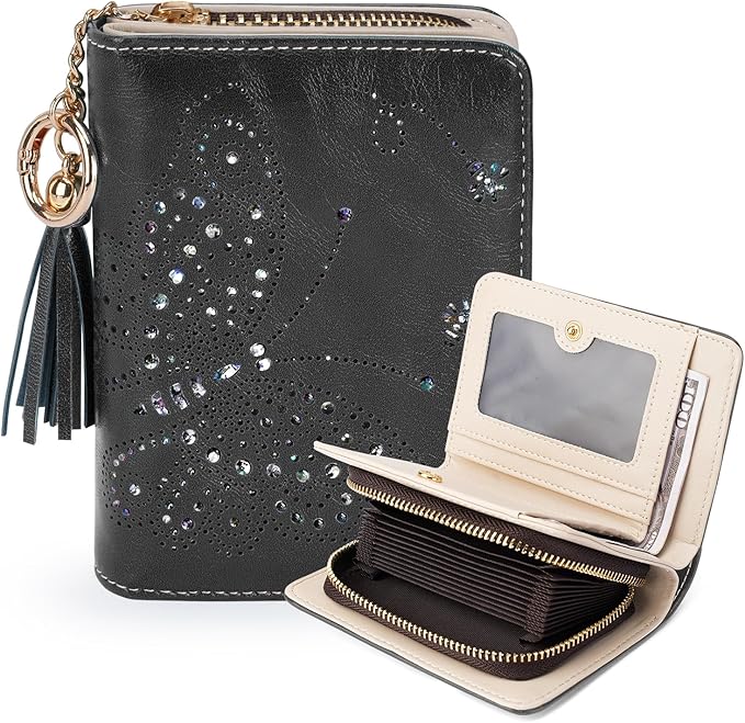 Women RFID Blocking Small Bifold Wallet, Compact Cash Clutch with Zipper Coin Pocket, Glittery Butterfly Design, Credit Card Holder, Travel Purse with Tassel BLACK