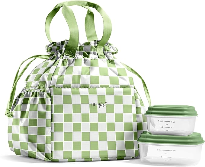 Fit & Fresh Cromwell Drawstring Lunch Bag for Women, Complete Lunch Set with 2 Containers, Stain-Resistant, Leak-Resistant, Back to School Essential, Teacher Lunchbox, Pistachio Checker Board