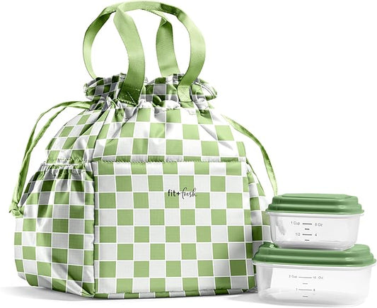 Fit & Fresh Cromwell Drawstring Lunch Bag for Women, Complete Lunch Set with 2 Containers, Stain-Resistant, Leak-Resistant, Back to School Essential, Teacher Lunchbox, Pistachio Checker Board