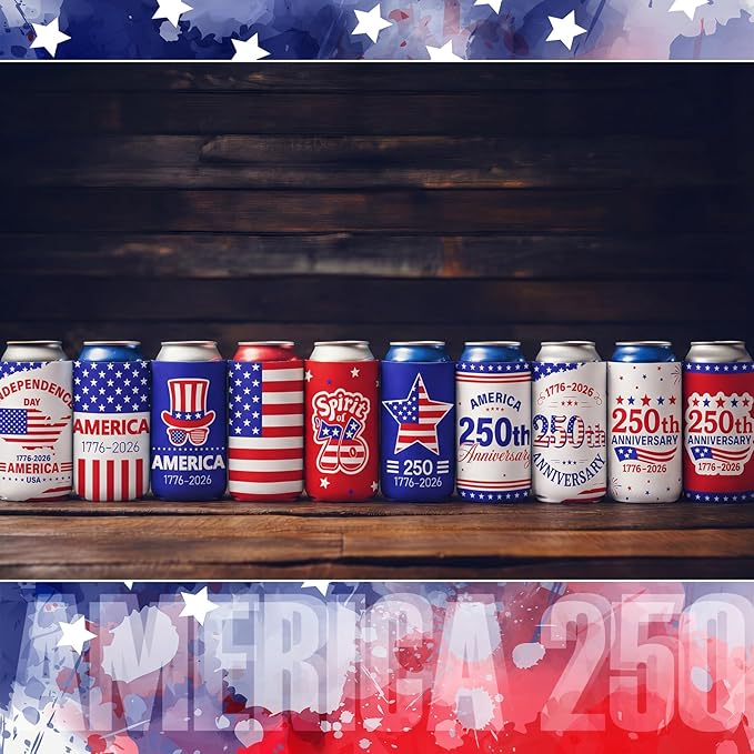 Yungyan 12 Pcs 4th of July American Can Cooler Patriotic Sleeves 250th Anniversary for 1776-2026 Independence Day Red Blue USA Flag Accessories Memorial Day for Party Favors Decoration(Fashion Style)
