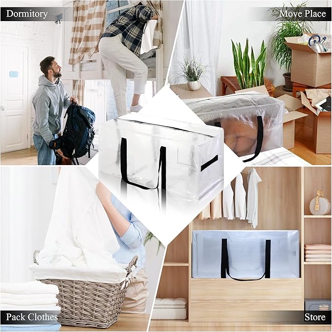 8 Pack Heavy Duty Extra Large Moving Bags with Black Handles, Waterproof Foldable Storage Totes,Clothing Storage Bags,Packing Moving Boxes for College Supplies & Seasonal Storage,Clear