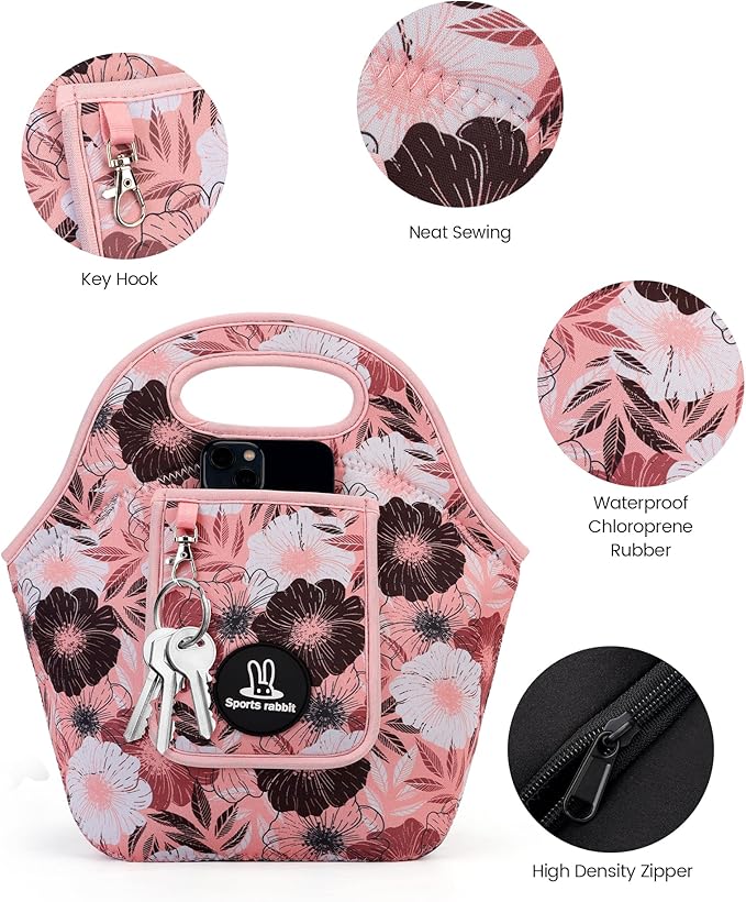 Sports Rabbit Neoprene Insulated Lunch Bag for Women - Front Pocket for Phone&Keys - Reusable, Foldable, Lightweight, Waterproof, Easy to Store & Clean - Ideal for Work, Travel & Picnics (Pink Floral)