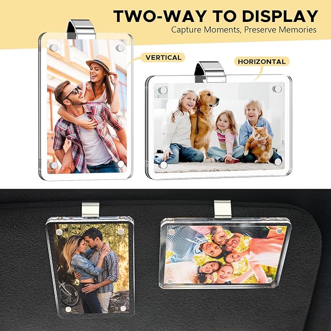 2Pcs Car Picture Holder, Magnetic Acrylic Visor Photo Clip & Photo Frame for car - Perfect Personalized Gifts for Women's Day Mother's Day Birthday, Car Decor Accessories
