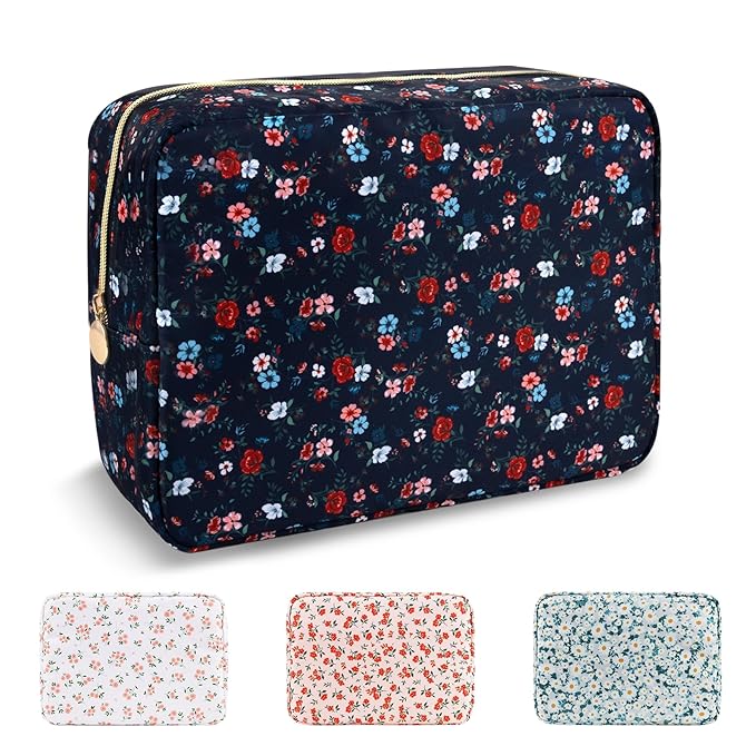 Waterproof Large Floral Makeup Pouch,Nylon Travel Toiletry Storage Purse Preppy Cosmetic Bag for Women Girl,Large Capacity Makeup Organizer Zipper Pouch for Work(L Black-Flowers)