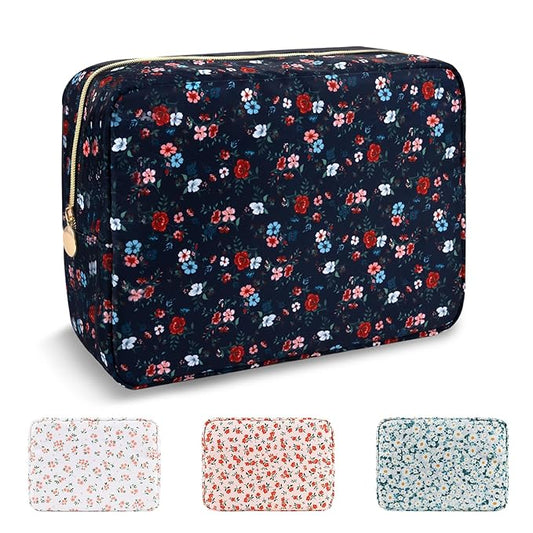 Waterproof Large Floral Makeup Pouch,Nylon Travel Toiletry Storage Purse Preppy Cosmetic Bag for Women Girl,Large Capacity Makeup Organizer Zipper Pouch for Work(L Black-Flowers)