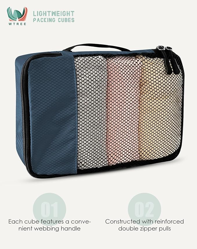 4-Piece Packing Cubes Travel Accessories Set for Suitcases - Luggage Organizer Bags with Double Zipper - Mesh Top - Small/Medium/Large/Slim - Dark Blue