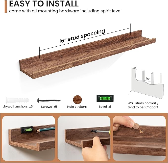 Fun Memories Picture Ledge Shelves Set of 2, 32 Inch Rustic Wall Mounted Floating Shelves with Lip for Home Storage and Décor in Bathroom, Kitchen, Nursery, Bedroom, Living Room, Walnut