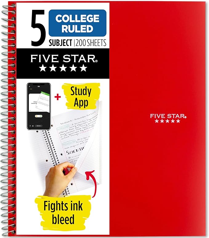 Five Star Spiral Notebook + Study App, 5 Subject, College Ruled Paper, 8-1/2" x 11", 200 Sheets, Fights Ink Bleed, Water Resistant Cover, Fire Red (72077), (Pack of 6)