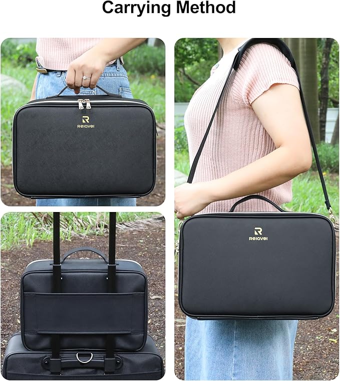 Relavel Makeup Train Case With LED Mirror, Professional Travel Cosmetic Bag with Removable Partitions, Compact Makeup Organizer, Waterproof Toiletry Case for Women, Black