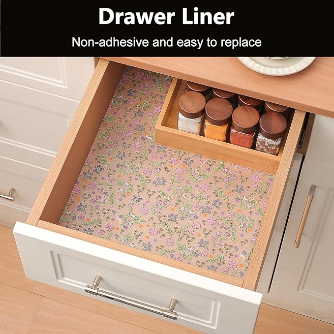INNOLITES Shelf Liners for Kitchen Cabinets Non-Adhesive Drawer Liner with Floral, Waterproof Durable Easy to Clean, for Refrigerator, Shelves (Pink Rose, 11.8" x 120")