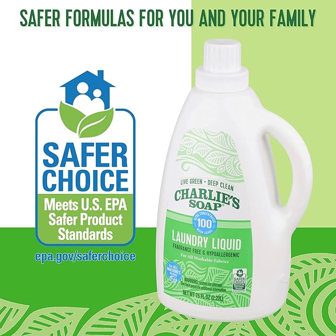 Charlie’s Soap Laundry Liquid (100 Loads, 1 Pack) 75.0 Fl Oz Natural Deep Cleaning Hypoallergenic Laundry Detergent – Eco-Friendly, Safe and Effective