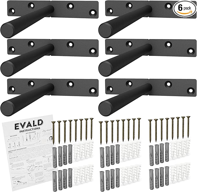 EVALD Heavy Duty Floating Shelf Bracket | 6-Inch Floating Mantel Mount, Blind Shelf Supports, and Anchors | Floating Shelf Hardware for Home and Office Decor | Fireplace Mantel Brackets (6 Pack)