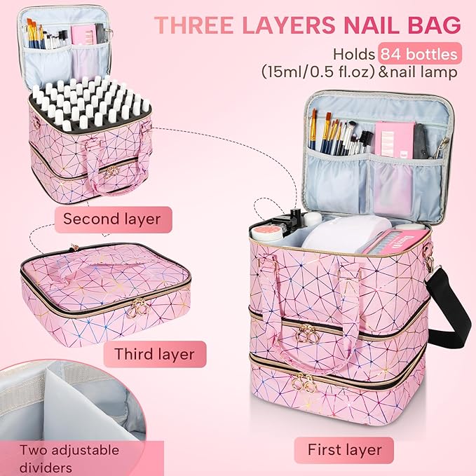 Nail Polish Organizer Bag Holds 84 Bottles & Nail Lamp, 3 Layers Nail Kit Storage Carrying Case Pu Leather, Large Nail Supplies Organizer With Shoulder Strap, Portable Travel Nail Bag, Pink