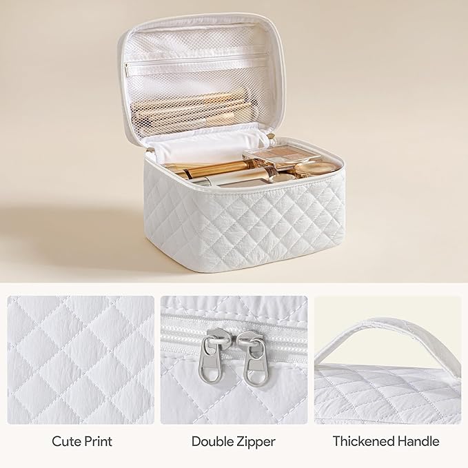 HBselect Quilted Makeup Bag, 3PCS Cotton Large Travel Makeup Bag, Cute Floral Coquette Make up Bag Cosmetic Bag Toiletry Bag for Women Girls