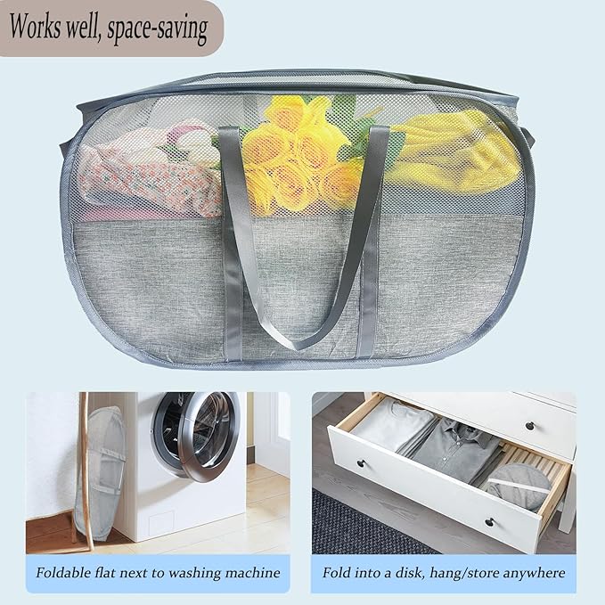 Upgraded 100L Extra Large Mesh Pop Up Laundry Hamper, Dirty Clothes Hamper with Reinforced Handles, Pop-up Hampers for Laundry Travel. Dorm or Home Portable Laundry Basket. Grey