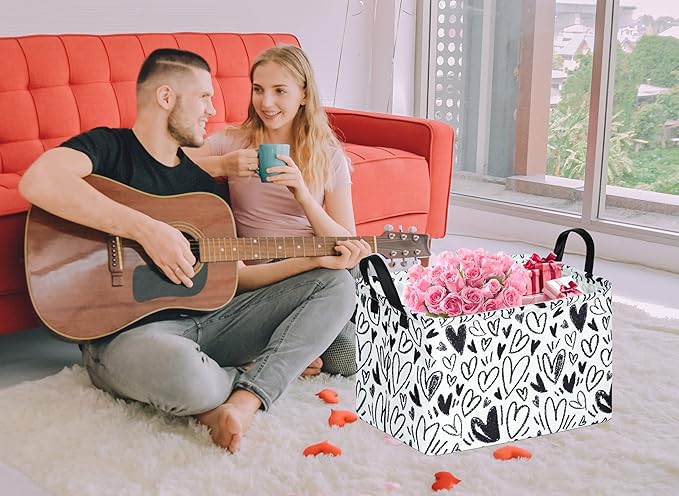 Rec Black Heart Print Box Hamper Storage Basket Collapsible Organizer Bin Gift Shelf Baskets for Home and Kitchen Storage
