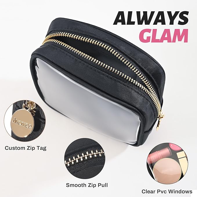 Aveniee Small Clear Makeup Bag, Mini Makeup Bag for Purse Organizer, Cosmetic Bag Travel Zipper Pouch for Women, Cute Car Accessories for Skincare Lipstick Essentials-Black