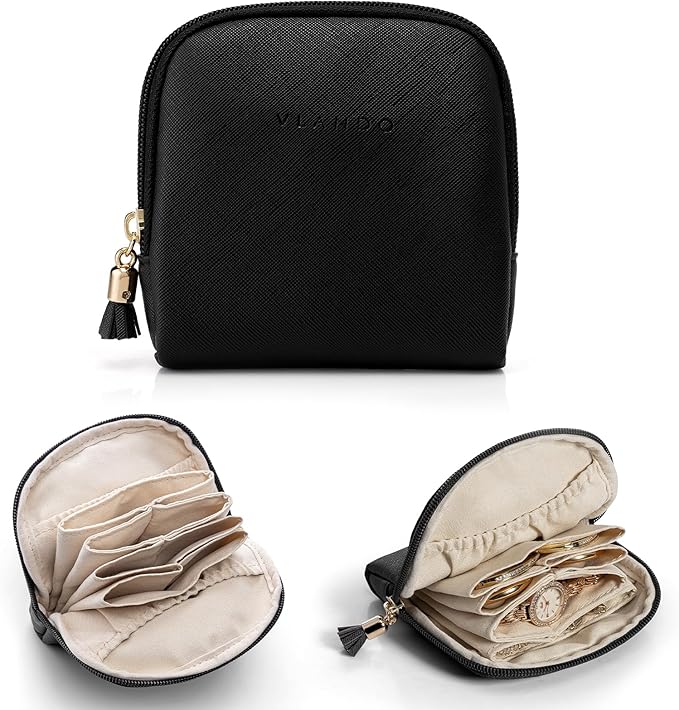 Vlando Small Jewelry Travel Case, Jewelry Pouch Bags with Zipper, Velvet Jewelry Organizer Storage Bag for Bracelet Rings Earring Travel Essentials Gifts for Women Girl - Black
