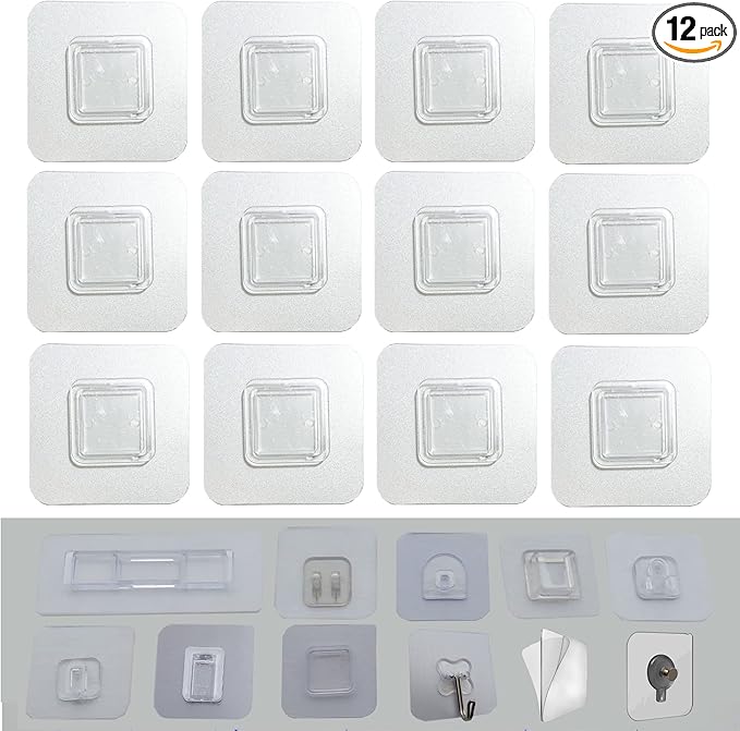12 PCS Wall Mounted Replacement Sticky pads for Kitchen Bathroom Shower Caddy Organizer Rack Holder Nail Free Adhesive Hooks (Square)