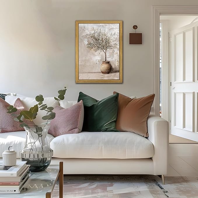 Wood Framed Olive Tree Canvas Wall Art, Room Aesthetic Oil Painting, Rustic Vintage Potted Plant Wall Decor, Neutral Botanical Artwork for Living Room Kitchen Dining Room Farmhouse Home Decor 16x24 in