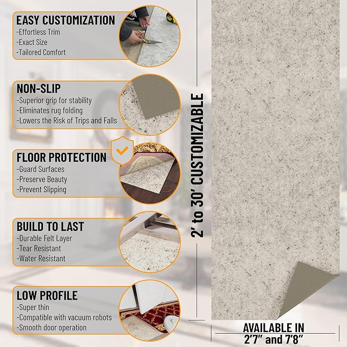 Ottomanson Non Slip Rug Pad Grip 8x18 1/8 Thick, Protection for Any Flooring Surface, Keep Your Runner Rug and Area Rugs in Place, 7'8" x 18', Beige
