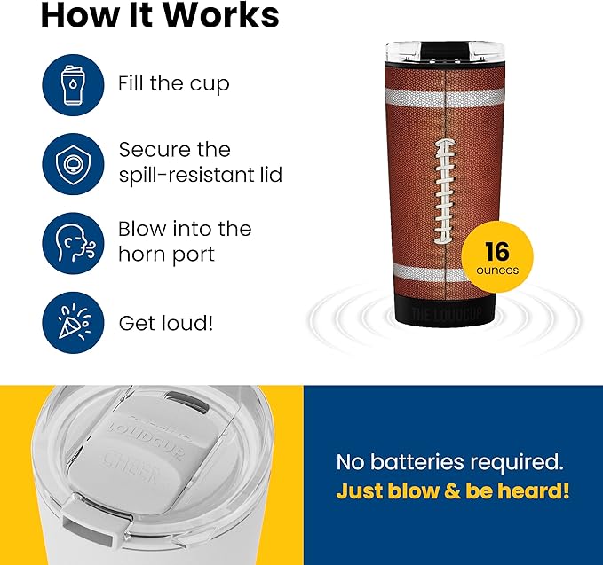 The LoudCup Blow Horn Tumbler, Cheer & Sip 2-in-1 Reusable Water Bottle with Built-In Horn for Sports Games, Tailgates, Parties & Events, BPA-Free