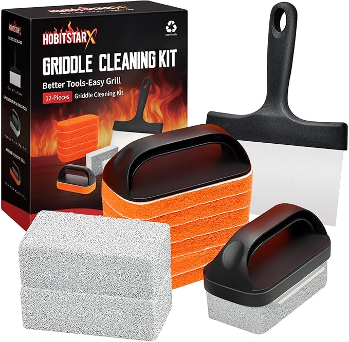 Griddle Cleaning Kit for Blackstone – Grill Stone, Non-Scratch Scouring Pads, Heavy-Duty Scraper & Ergonomic Handles – Flat Top Grill Accessories (12PCS Orange)