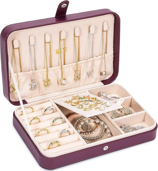 KCY Travel Jewelry Organizer Box for Women Girls, Small Travel Jewelry Case, PU Leather Portable Jewellery Storage Boxes Display Holder for Ring Earrings Necklace Bracelet Bangle, Gifts, Purple