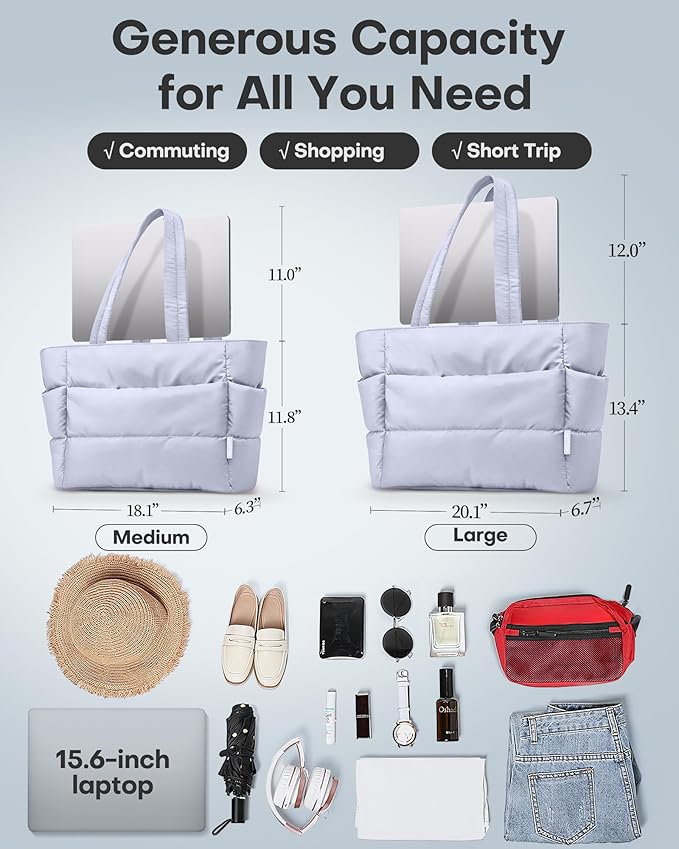 HOTOR Puffer Tote Bag for Women, Nurses - Multi-Pocket Lightweight Bag for Work - Quilted Handbag for Travel and Gym