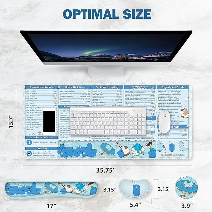 Excel Cheat Sheet Desk Pad Large Mouse Pad Set, Wrist Rest Support Desk Mat for Keyboard and Mouse, 4PCS Computer Mats XXL Non-Slip Base Mousepad Protector Office, Shortcuts Employee Appreciation
