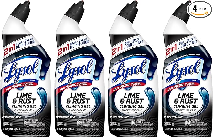 Lysol Lime & Rust Toilet Bowl Cleaner Liquid, For Limescale, Rust & Hard Water Stains, Septic Safe, Clinging Gel, Disinfects, Sanitizes & Deodorizes, Bathroom Cleaning Supplies, 24oz (4 Pack)